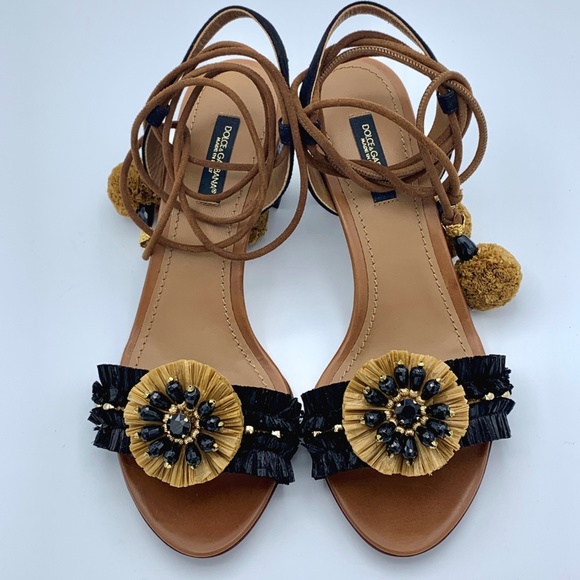 SOLD! NIB DOLCE & GABBANA Black Crystal Raffia Sandals - Picture 4 of 8